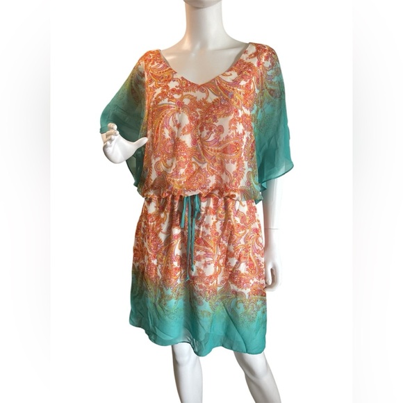 Bisou Bisou dress paisley bright fun orange teal
flutter sleeves v-neck
size 14 - Picture 1 of 7
